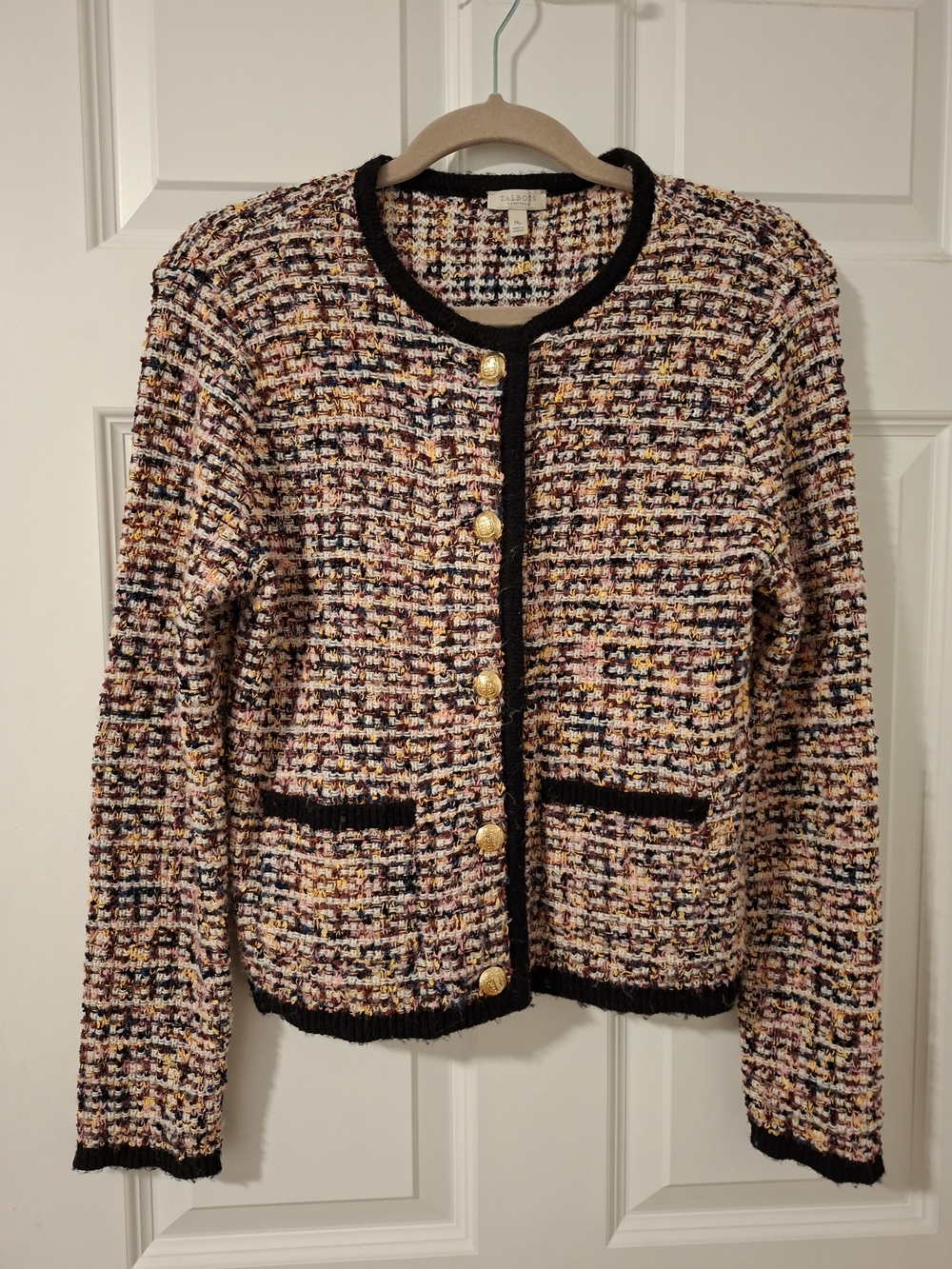 Talbots Tweed Knit Cardigan Sweater Jacket Gold Crest Buttons, Size MP